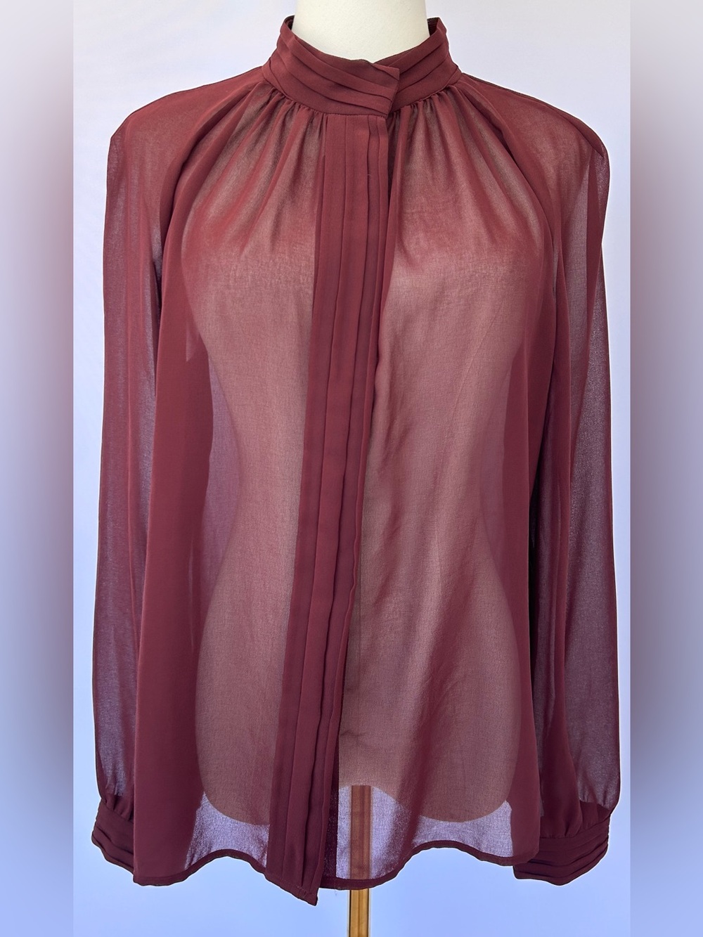 Talbots Petites Women’s Semi-Sheer Brick Red Mock Neck Blouse‎ Long Sleeve 12P